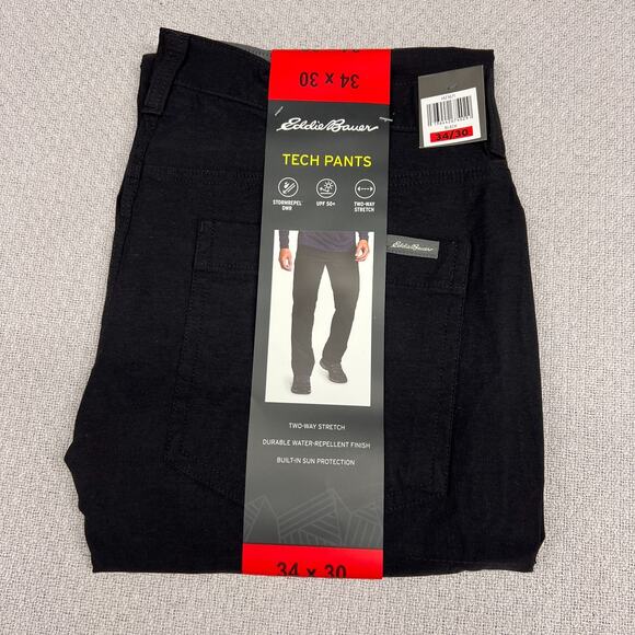 Eddie Bauer Tech Pants Mens 34x30 Black Nylon UPF 50+ Hiking Outdoor Casual New - Picture 1 of 3